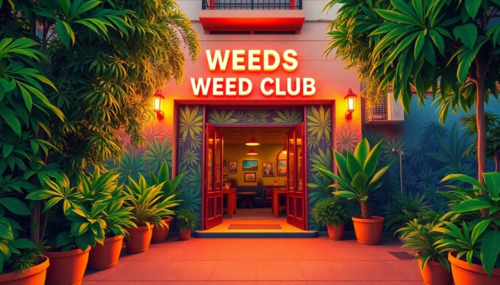 Experience the vibrant atmosphere at Weed Club Madrid, featuring an inviting entrance and lush surroundings.