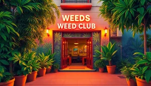 Experience the vibrant atmosphere at Weed Club Madrid, featuring an inviting entrance and lush surroundings.