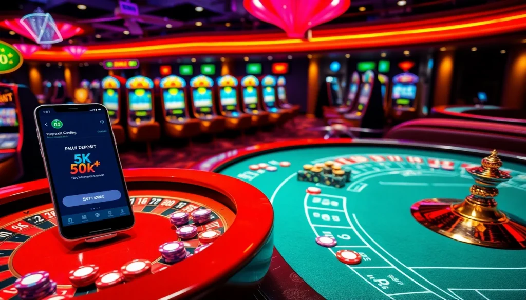 Situs Deposit 5k dipamerkan di meja kasino yang hidup dengan chip dan kartu.