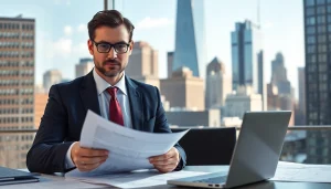 Engaging Brooklyn Real Estate Lawyer reviewing legal documents in a dynamic urban office.