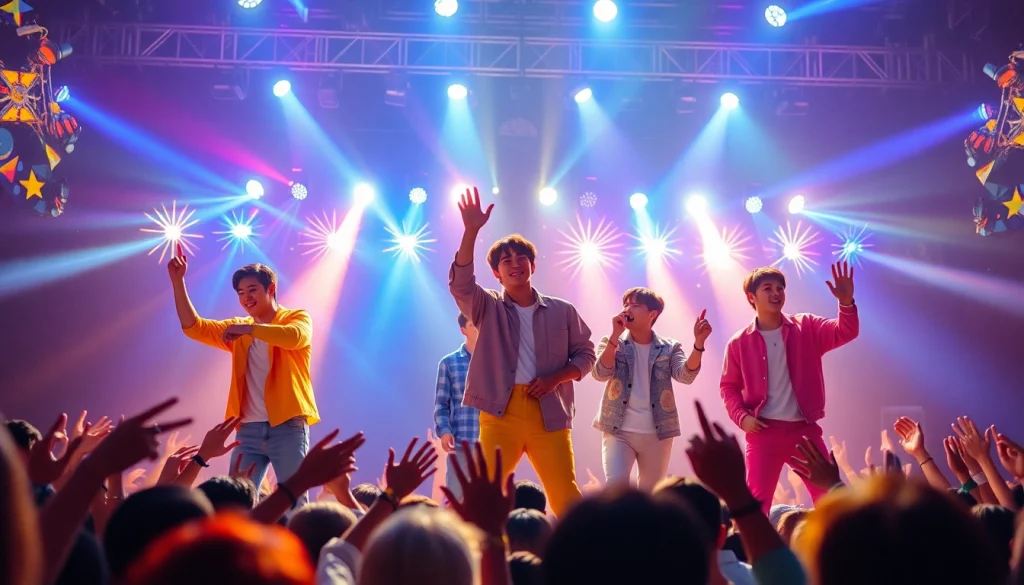 BTS news depiction of a vibrant concert scene with members performing energetically.