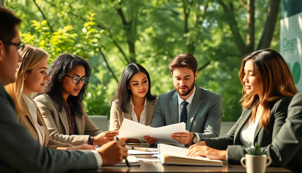 Environmental law firm professionals collaborating on sustainability issues in a green setting.