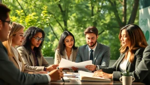 Environmental law firm professionals collaborating on sustainability issues in a green setting.
