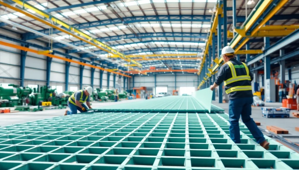 GRP Grating Supplier demonstrating the installation of fiberglass panels in an industrial environment.