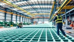 GRP Grating Supplier demonstrating the installation of fiberglass panels in an industrial environment.