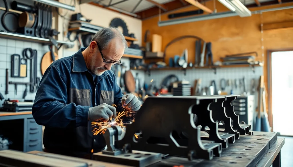 Engaging scene of custom steel fabrication with a craftsman welding steel in a bright workshop.
