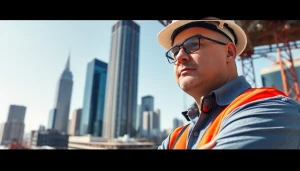 New York City Commercial General Contractor supervising a construction project amidst skyscrapers, showcasing professionalism.