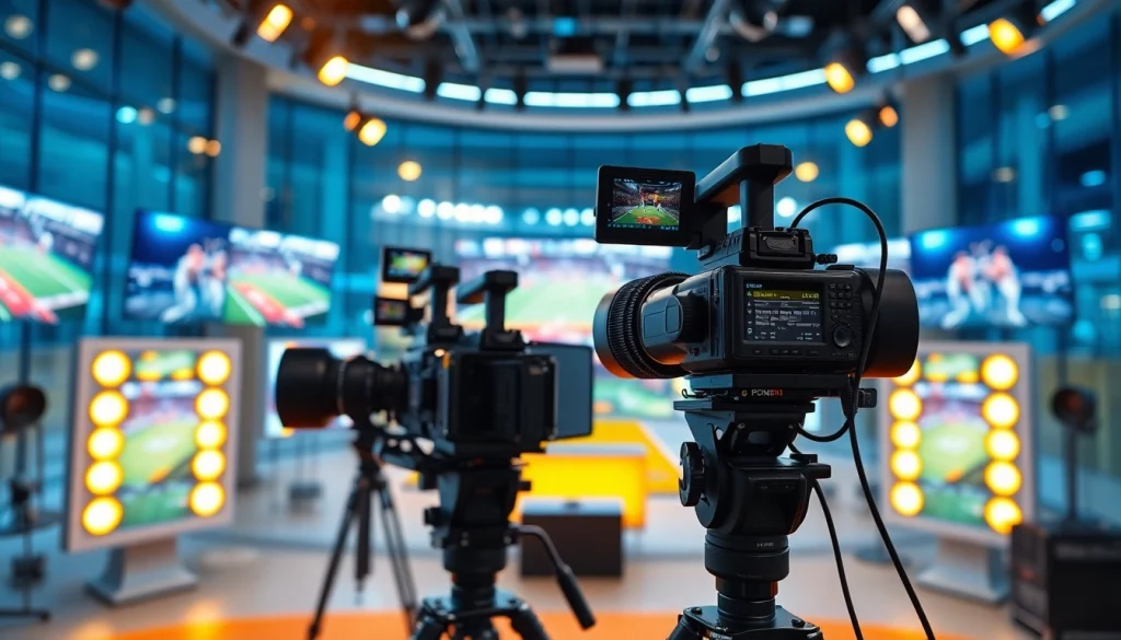 Engaging sports broadcasting studio conveying the excitement and energy of live sports events.