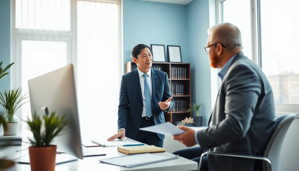 Jacksonville Immigration Lawyer advising clients in a modern office with warm lighting and a supportive atmosphere.
