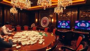 Para pemain menghubungkan ubin-ubin dalam Link Mahjong di meja kasino mewah, menampilkan kegembiraan dan strategi.