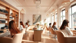 Elegant interior of addendum salon with stylists applying highlights on clients, featuring Aveda products.