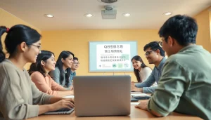 活気あふれる仮想教室で QQEnglish クーポンを強調するワクワクするオンライン英語レッスン。