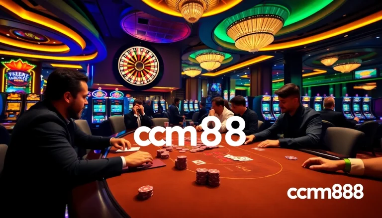 Engage in thrilling gameplay at cm88's vibrant casino table, with chips and cards in focus.