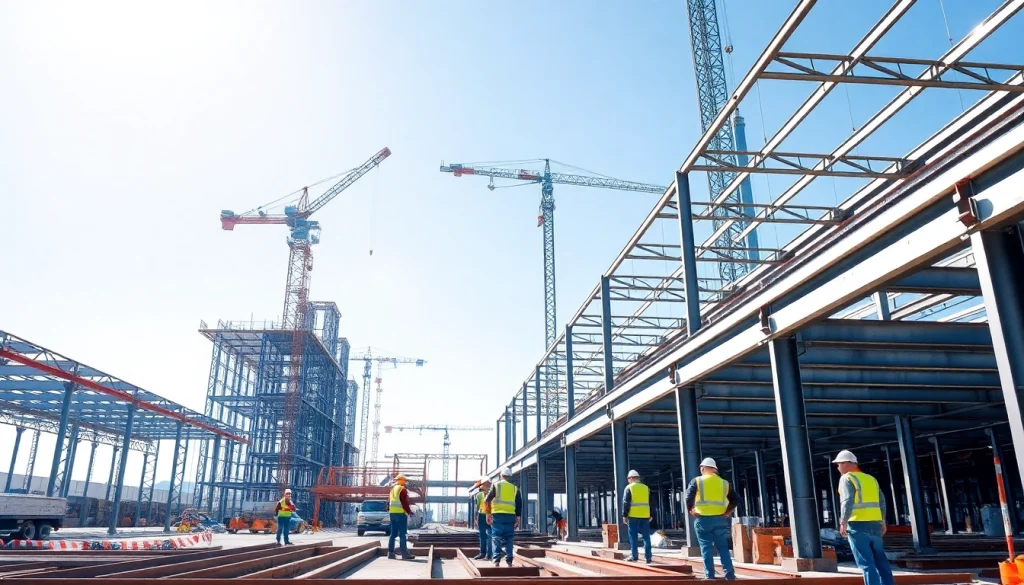 Structural steel installation professionals assembling steel beams at a construction site.