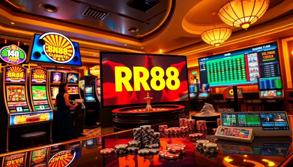 Experience RR88's thrilling casino games with vibrant slot machines, roulette wheels, and poker chips.