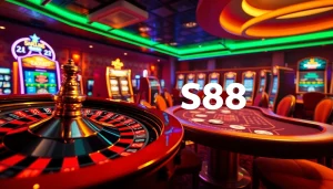 S88 casino atmosphere showcasing vibrant gambling action with roulette, poker, and slot machines.