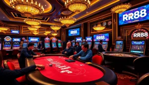 Experience the thrill of gaming at RR88 with luxurious tables and vibrant slot machines.