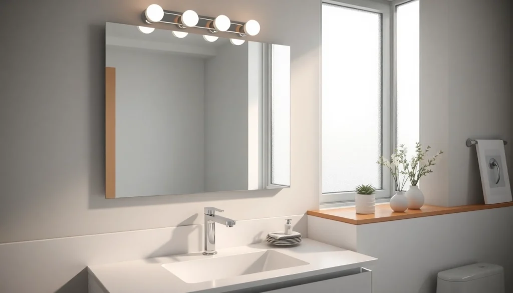 Modern mirror with lights enhancing a stylish bathroom setting, reflecting a tranquil ambiance.