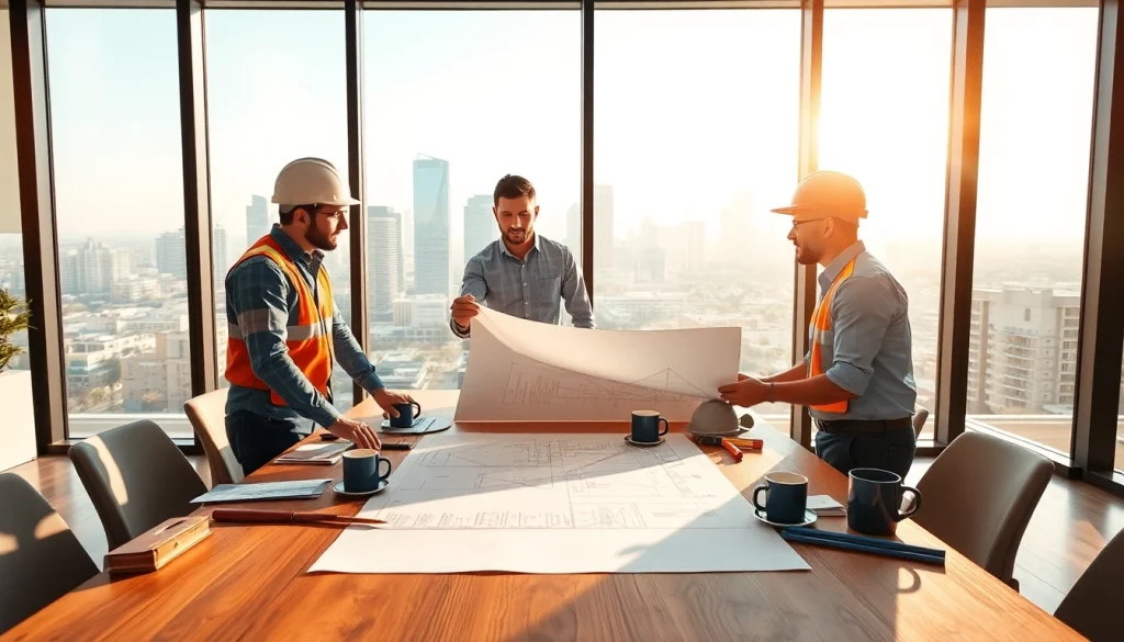 Innovative teamwork at southern california contractors association showcasing professionals reviewing blueprints.