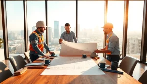 Innovative teamwork at southern california contractors association showcasing professionals reviewing blueprints.