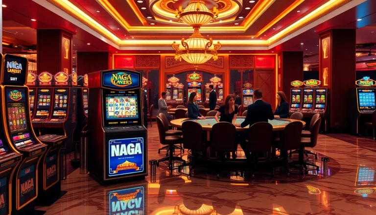 Experience the excitement of NAGA169 slot login with engaging casino visuals featuring slots and a luxurious ambiance.