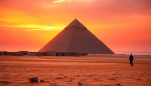 Piraminds at sunset, showcasing the Great Pyramid of Giza with ancient artifacts in the foreground.