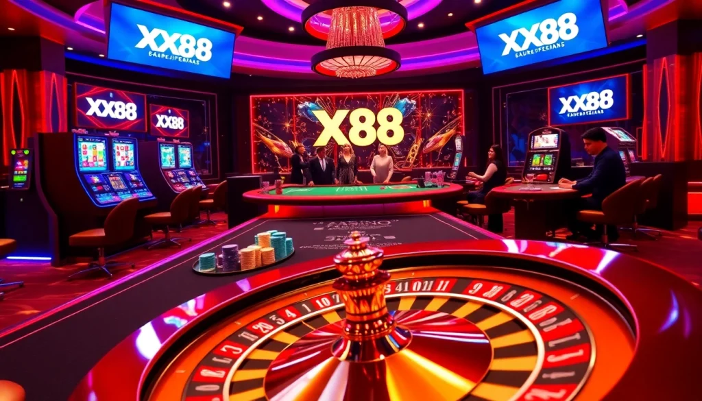 Winning at XX88 casino with vibrant slot machines and poker chips in action