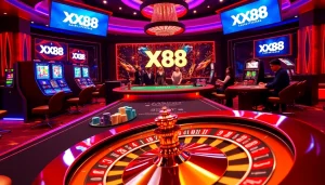 Winning at XX88 casino with vibrant slot machines and poker chips in action