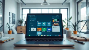 Showcasing GBWhatsApp interface on a modern laptop in a vibrant workspace