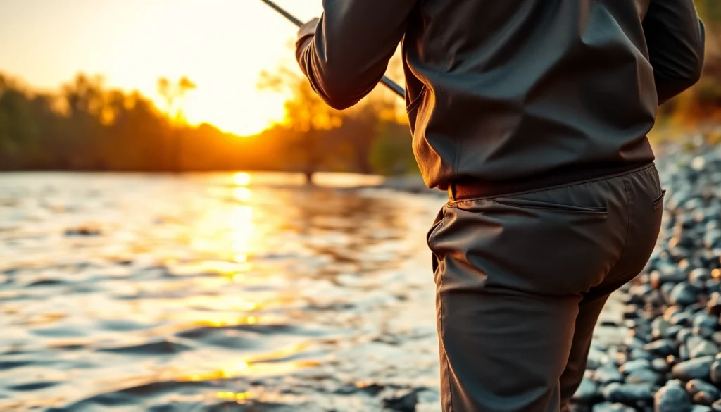 Engaged angler wearing high-quality fly fishing apparel by a serene riverbank.