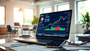 Acheter bitcoin en toute sécurité grâce à un trader utilisant un ordinateur portable dans un bureau moderne.