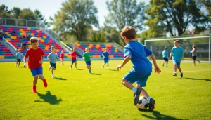 Active boys participating in Multi Sports Camps for Boys, enjoying various sports in a bright park.