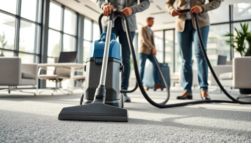 Team performing commercial carpet cleaning in a well-lit office, showcasing advanced cleaning techniques.