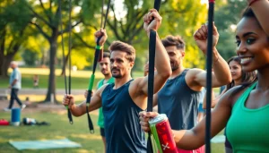 Individuals demonstrating pull-up resistance bands in a motivating fitness scene.