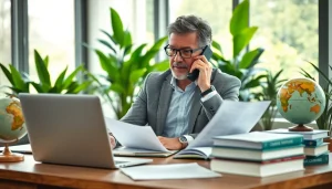 Environmental lawyer consulting clients in a modern office surrounded by greenery.