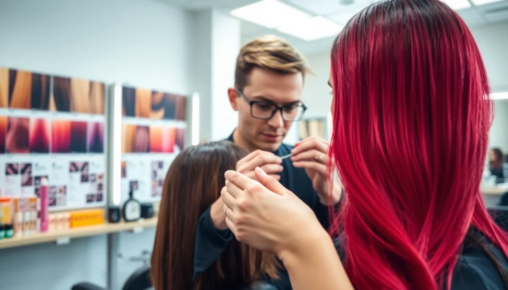 Client receiving vibrant salon vopsit bucuresti services from a skilled stylist in a modern hair salon.