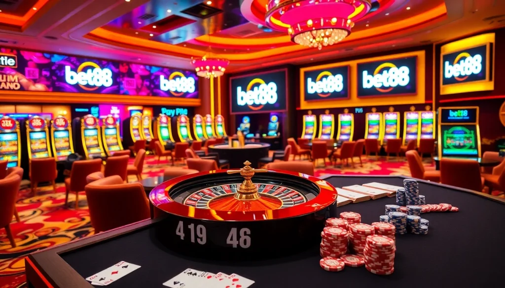 Engaging scene of Bet88 online casino, featuring a roulette wheel and colorful slot machines.