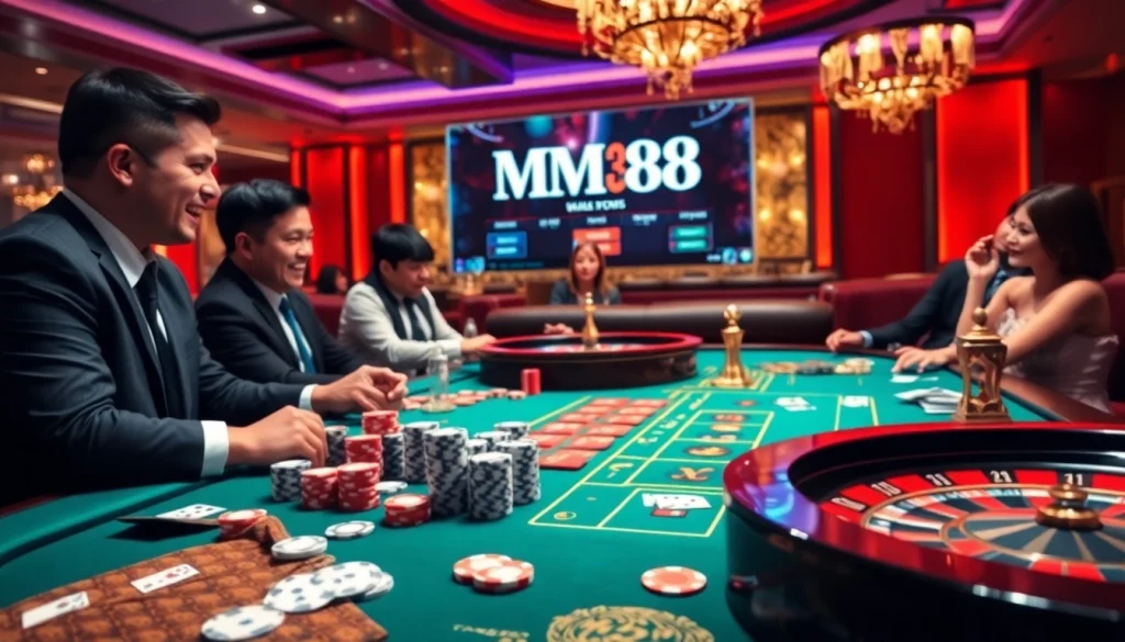 Experience thrilling gaming at MM88, featuring poker chips, cards, and lively casino atmosphere.