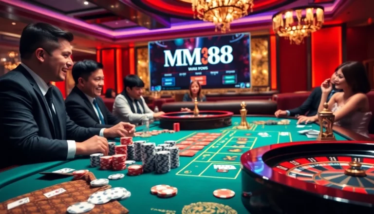 Experience thrilling gaming at MM88, featuring poker chips, cards, and lively casino atmosphere.