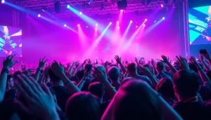 Engaging BTS news concert scene with vibrant colors and energetic atmosphere.