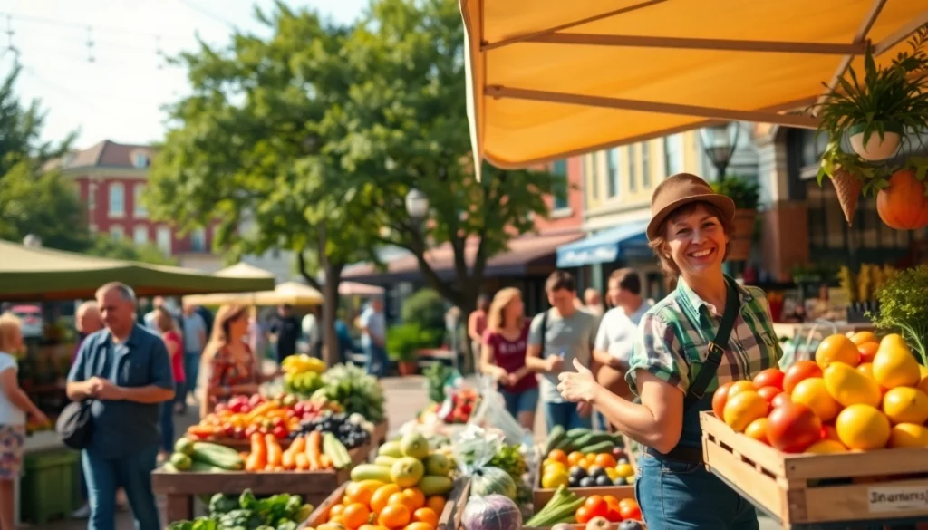 Clarksburg community farmers' market with vibrant fresh produce and happy vendors.