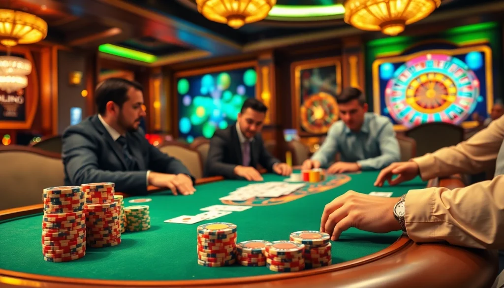 Players enjoy an exciting poker game at a casino table, highlighting link mahjong on a screen in the background.