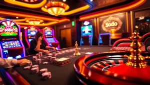 Engage with the excitement of SODO Casino as players place bets at a vibrant gaming table.