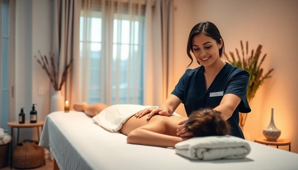 Relaxed client receiving 출장 massage service from a professional therapist in a serene setting.