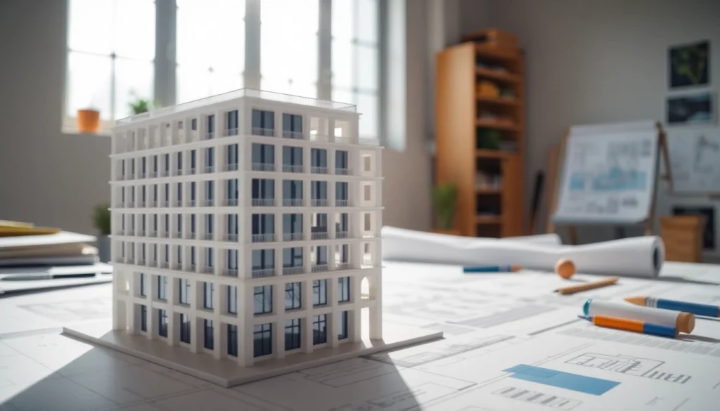 Architekturmodellbau Wuppertal zeigt ein detailreiches architektonisches Modell in einem kreativen Studio.