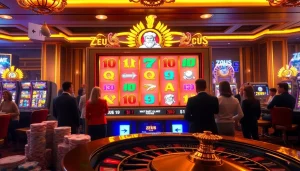 Experience the thrill of the zeus slot machine amidst vibrant casino action and luxurious decor.