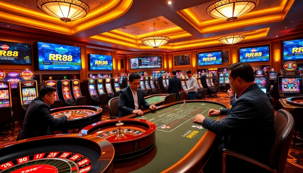 RR88 players enjoying an exciting game at a sophisticated casino table with chips and cards.