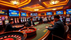 RR88 players enjoying an exciting game at a sophisticated casino table with chips and cards.