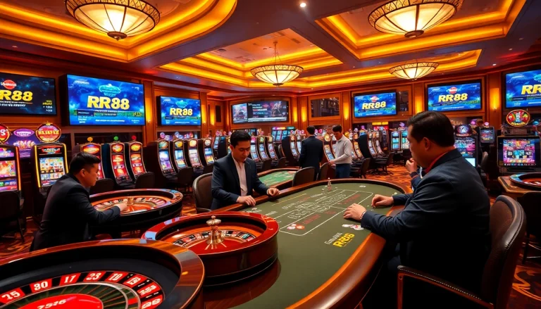 RR88 players enjoying an exciting game at a sophisticated casino table with chips and cards.