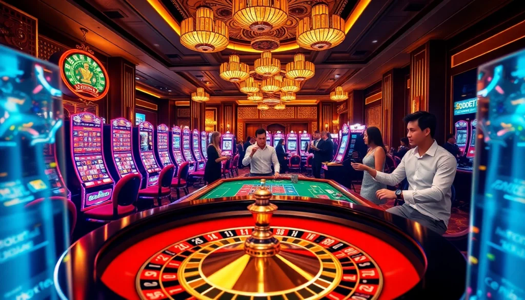 Engage in thrilling sbobet betting action at an upscale casino with vibrant slot machines and roulette.